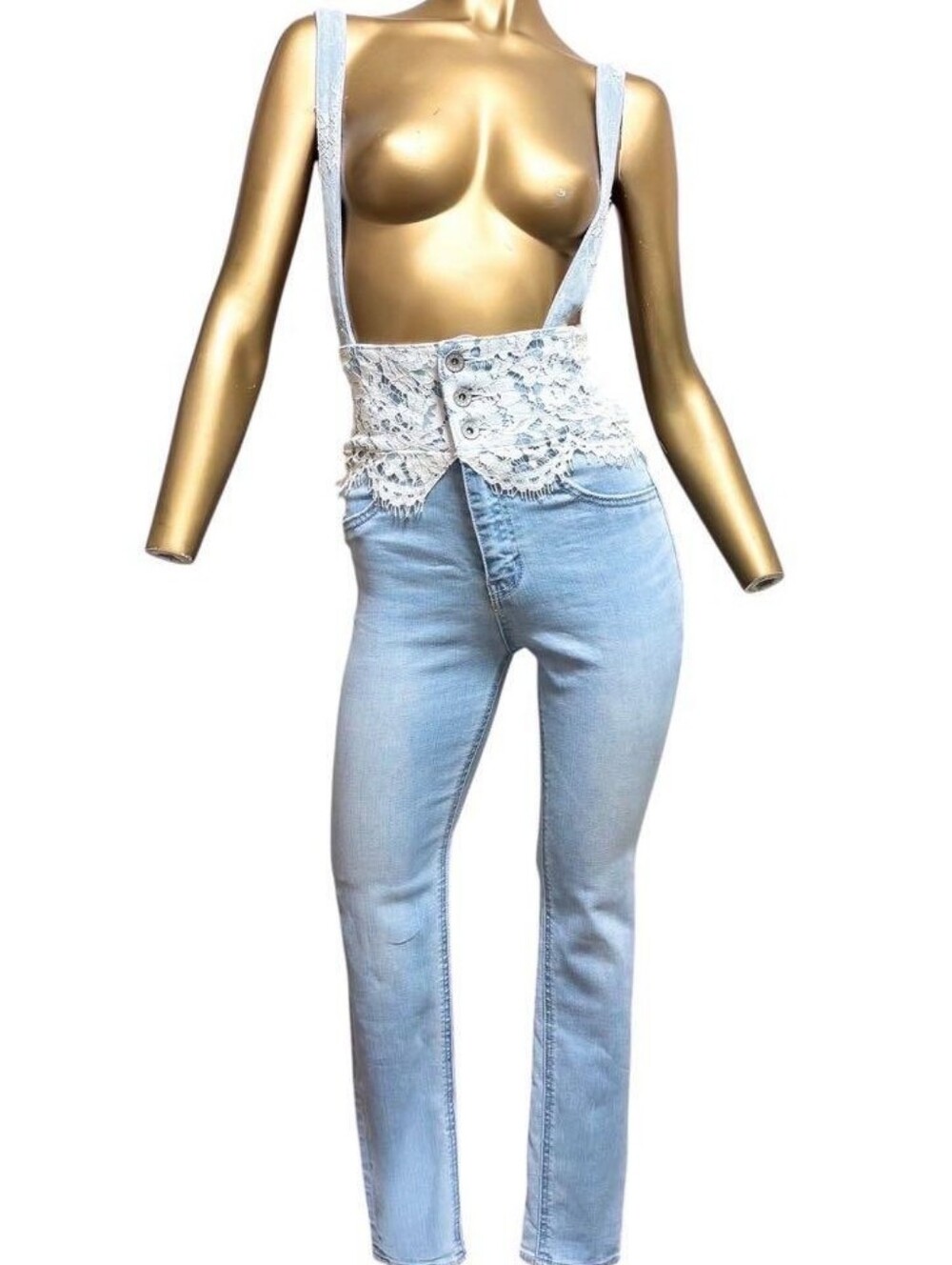 Rienda Gyaru Japan White Lace Trim High Waisted Skinny Jeans